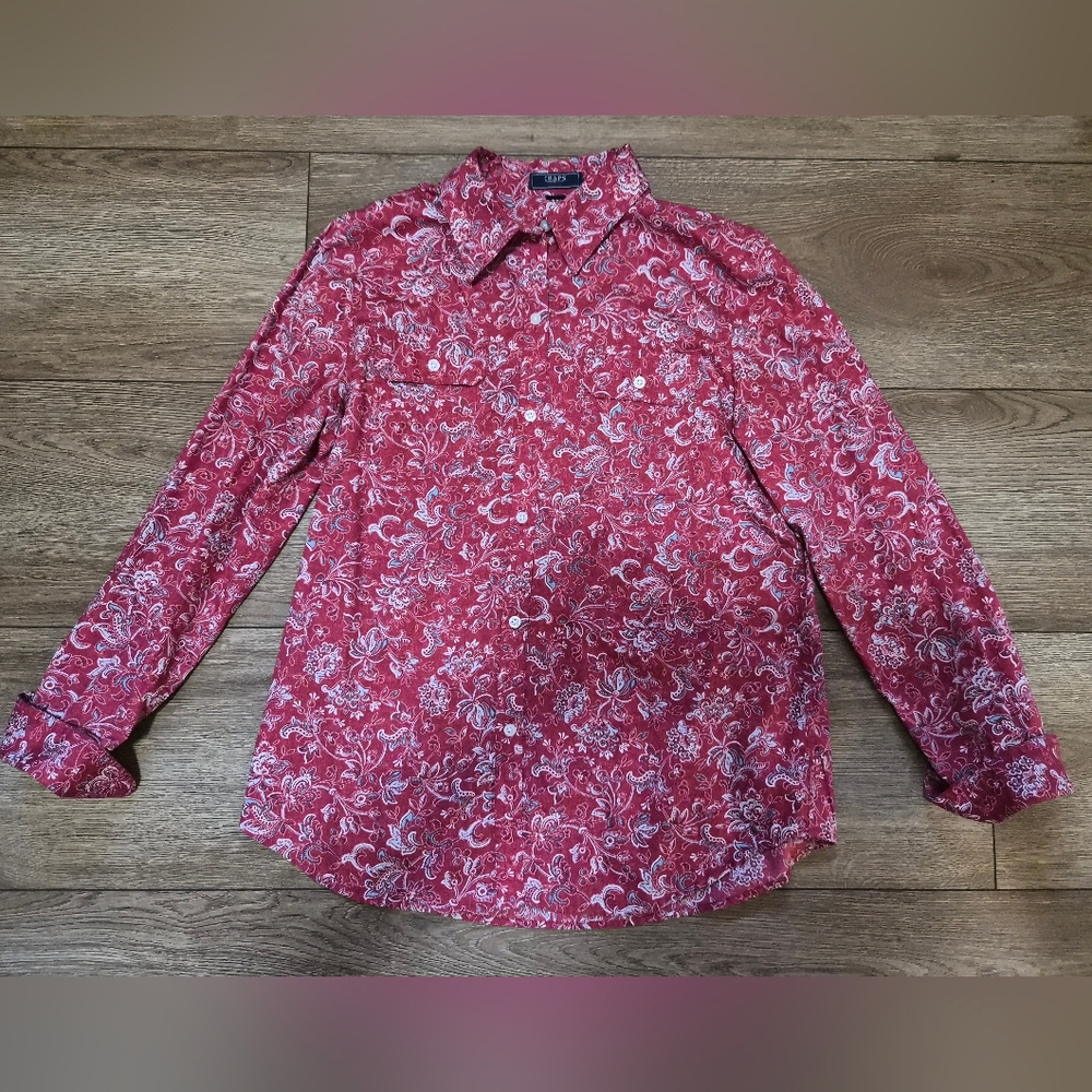 CHAPS Paisley Button Down Womens Shirt Sz Large Red Whitr